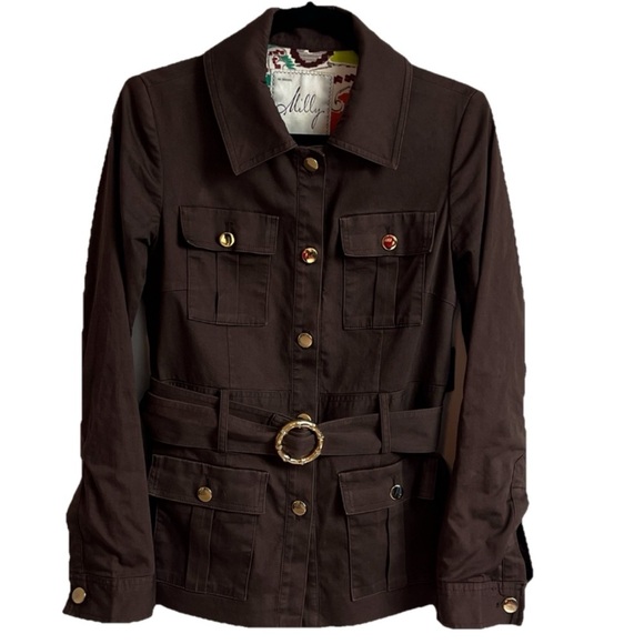 Milly New York Short Trench Coat Brown Belted Gold Button Closure Size 6 Solid - Picture 1 of 7